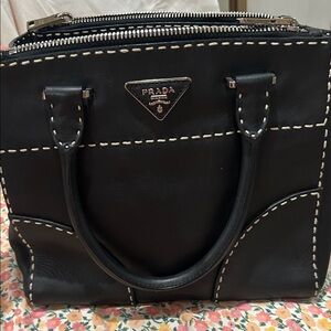 Prada Black Leather Tote with White Stitching